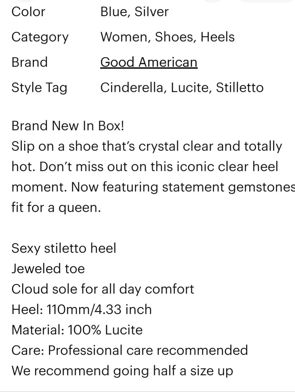 Good American Blue Crystal-Embellished Pointed Lucite Stiletto Heel - Size 7 - Picture 4 of 8